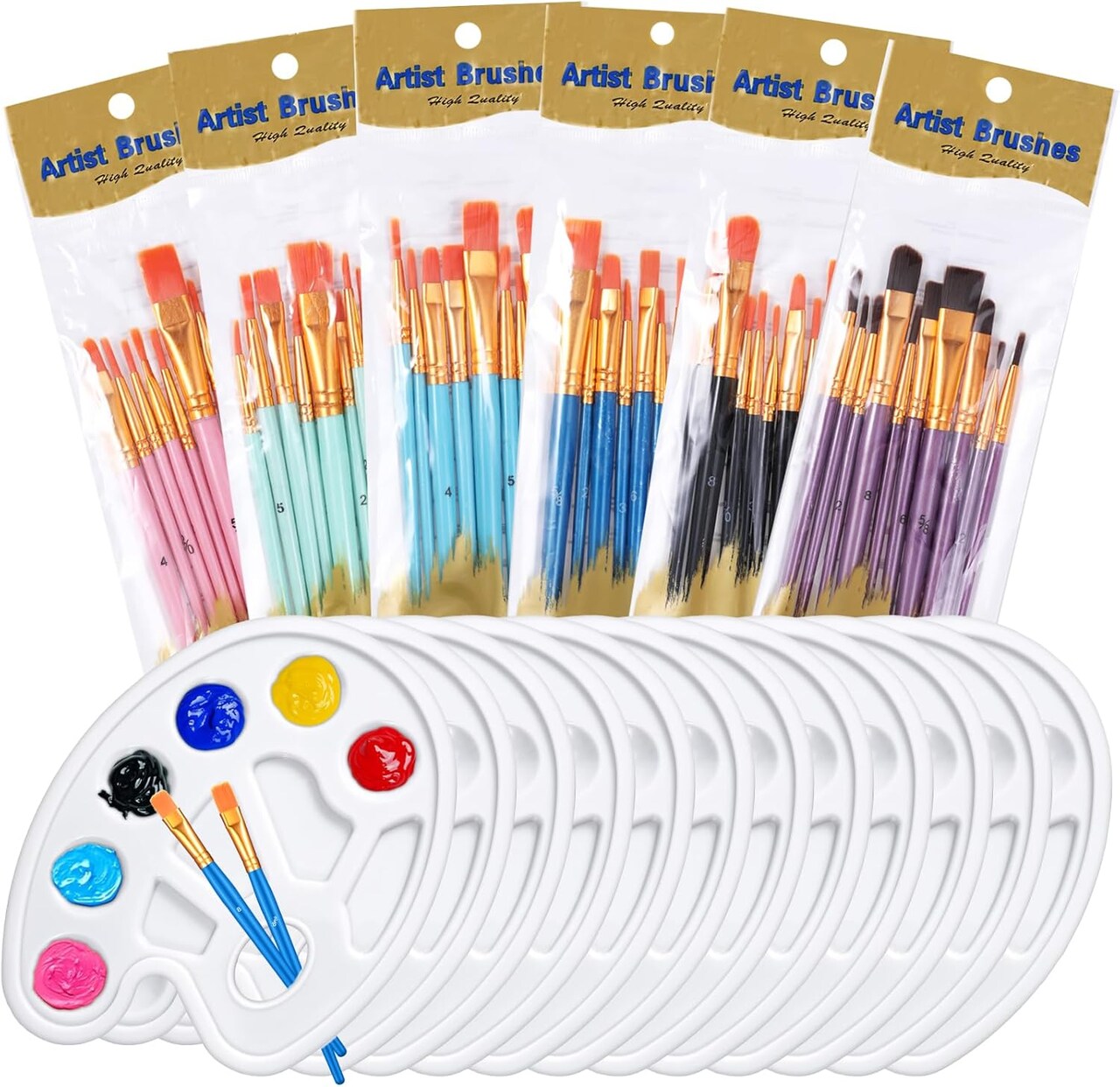 72 Pcs 60 Paint Brushes and 12 Paint Palette Tray, Paints Brushes Palette Set, Professional Artist Painting Set for Watercolor, Oil, Acrylic Painting